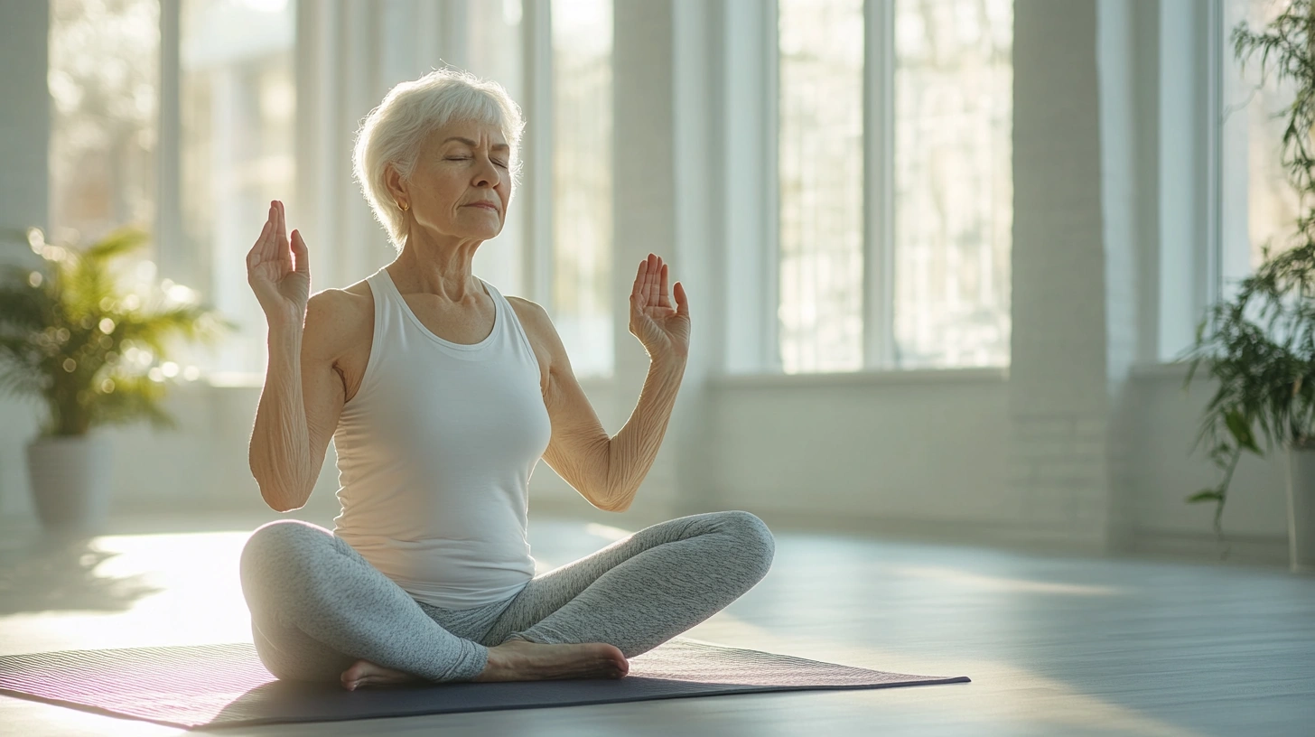 Пенсіонерка практикує м'яку йогу для покращення гнучкості